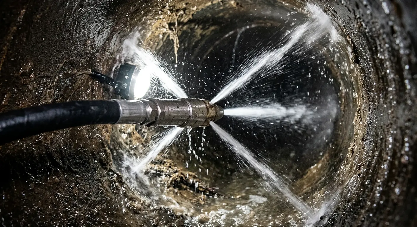 High-pressure hydro jetting nozzle cleaning sewer pipe for Sewer Cleanout in Edwardsville