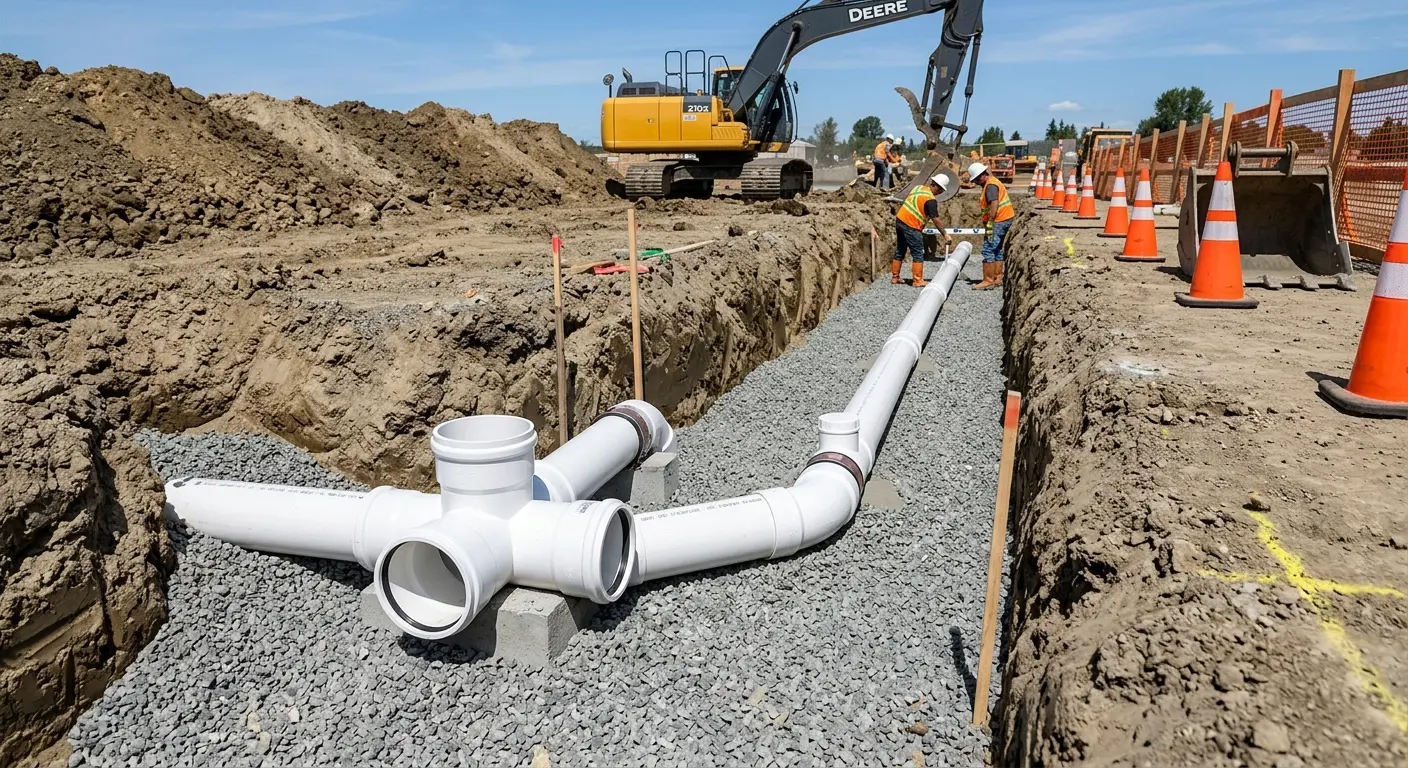New PVC sewer pipe installation in open trench for Commercial Drain Cleaning in Edwardsville