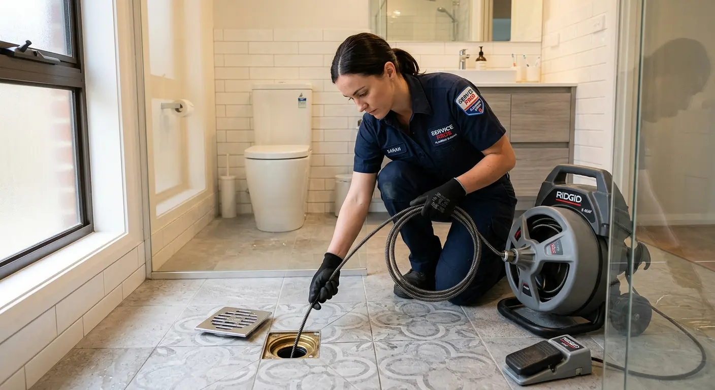 Technician clearing a bathroom floor drain for Clogged Drain Repair in Edwardsville